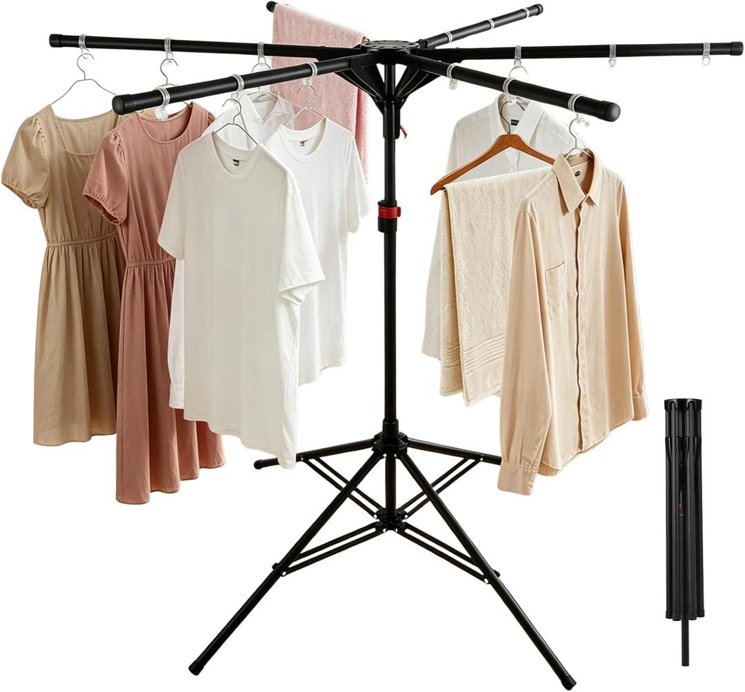 Foldable Clothes Drying Rack, 6 Rod Umbrella Style Height Adjustable Carbon Steel Laundry Stand with 40 Windproof Hooks, Collapsible Space Saving Tripod Garment Dryer for Indoor Backyard Outdoor, One Size