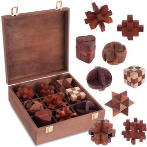 Wooden Brain Teaser Puzzles for Adults - Brain Teaser Puzzles with Wooden Box 3D Puzzle Game Toys for Adults Teens - Unlock Interlocking Puzzle Adult IQ Education Smart Toys
