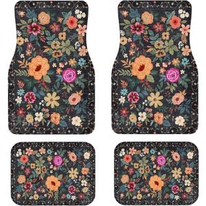 Premium Linen Boho Car Floor Mats Full Set, Vintage Floral Design | Waterproof & non-slip all-weather mats, universal fit for SUV Sedan, luxury car interior accessories for men and women