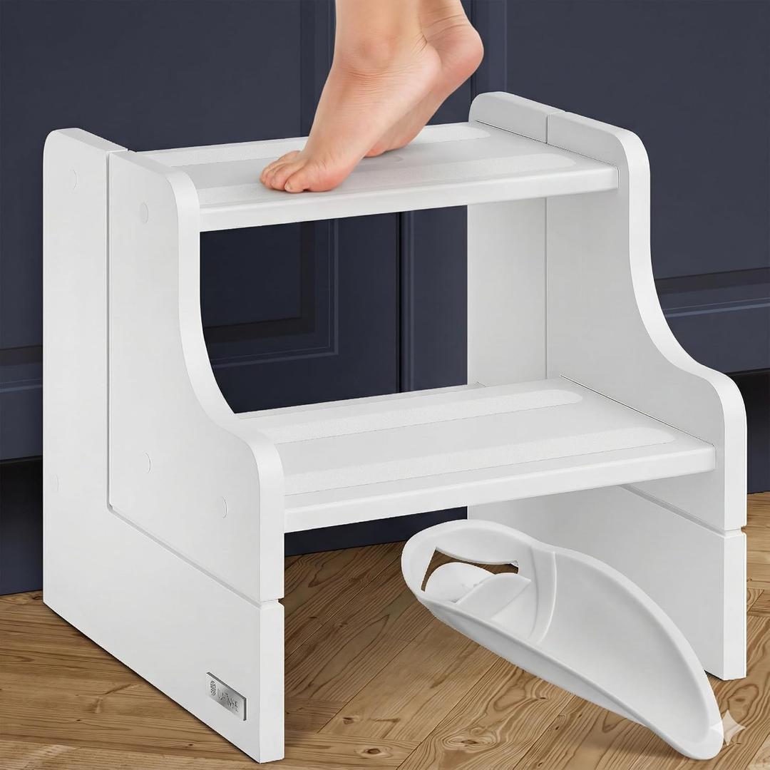 Small Step Stool, 200lb Capacity - Sturdy, Safe and Durable, Toddler Step Stool for Toddlers, Bamboo Toddler Stool, Potty Training, Kitchen Wooden Stepping Stool - w/Faucet Extender (White)