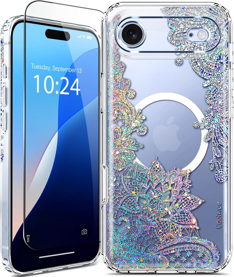 Coolwee Magnetic Glitter for iPhone Air Case, Compatible with MagSafe, Slim Shockprof Cute for Women Girls, 10FT Military Grade Protective Cover for iPhone 17 Air Clear Bling Lace Mandala Henna