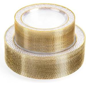 Ciselure 100PCS Clear Plastic Plates, Heavy Duty Disposable Plastic Plate with Gold Rim, Elegant 50 Dinner and 50 Dessert Plates for Wedding and Party