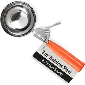Restaurantware Met Lux 8 Ounce Portion Scoop 1 Durable Disher Scoop - Thumb Trigger Orange Stainless Steel Ice cream Disher For Portion Control For Ice Cream Mashed Potato And Cookie Batter (#4 (8 Oz))