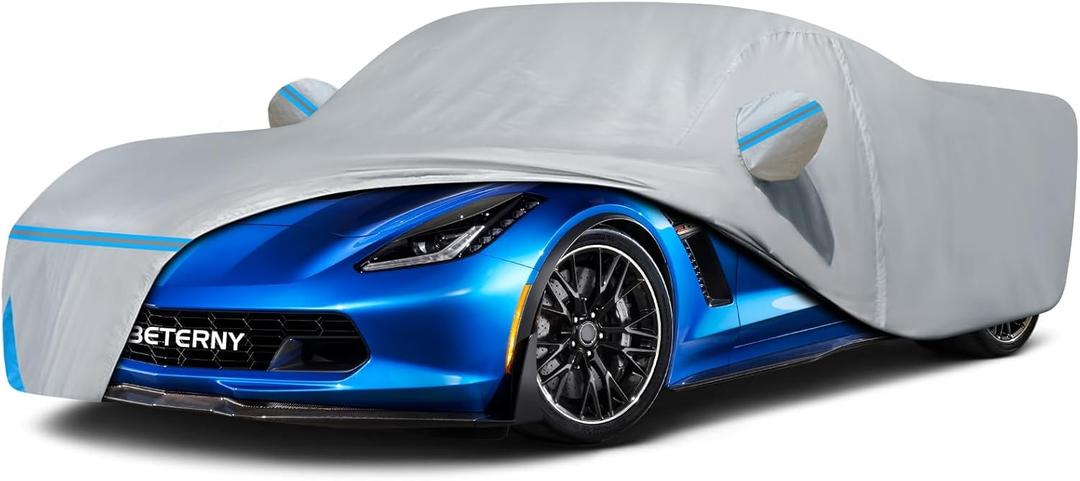 Car Cover for 2014-2019 Corvette C7 Stingray, Waterproof Custom-fit Sun Rain Dust Snow All Weather Protection Outdoor C7 Full Car Cover with Door Zipper and Cotton Lining-Grey