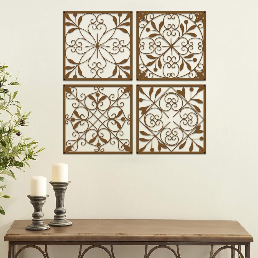 Resama 4 Pieces Rustic Wall Decor Farmhouse Wall Decor for Living Room Metal Hollow Carved Design Metal Decorative for Home Bedroom Kitchen Office (Brown,Square)