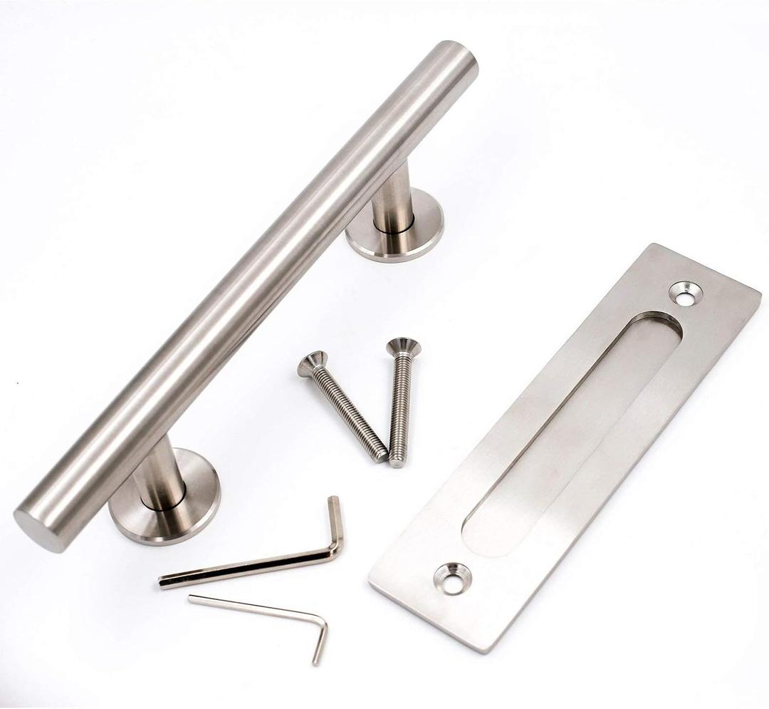 goldenwarm 12 in Sliding Barn Door Handle and Flush Pull Set-7 Inch Hole Centers Brushed Nickel Heavy Duty Hardware Stainless Steel, 2 Pack