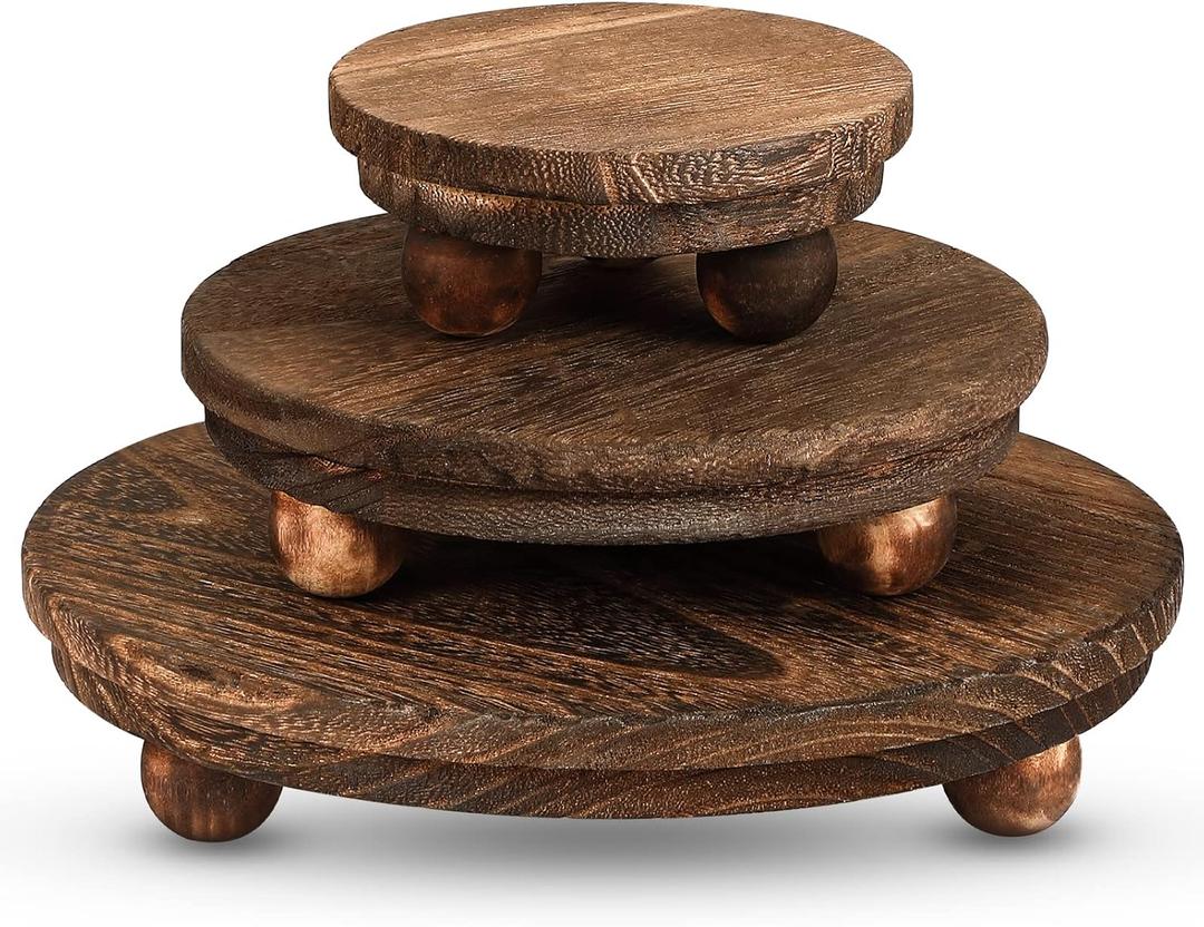 Amyhill 3 Pcs 8/6/4 Inch Wooden Risers for Display Wood Pedestal Stand Mini Tray Stand Round Wooden Pedestal Holder Rustic Riser for Decor Tiered Tray Decor Home Kitchen(Brown)