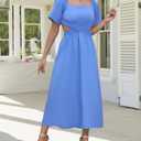 Women Square Neck Short Sleeve Dress 2025 Summer Midi Dresses Crossover Waist Casual Evening Party Vacation Dress (Blue, M)