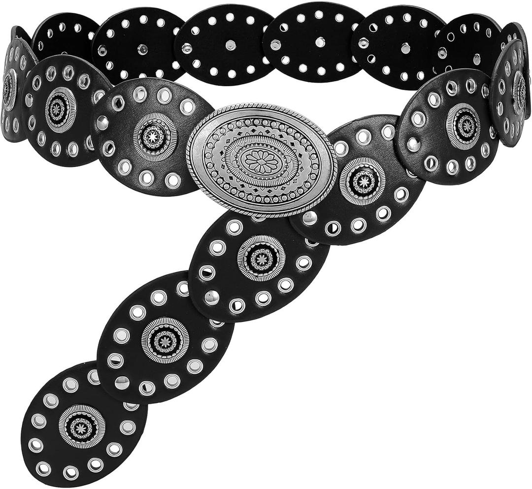 WHIPPY Women Disc Concho Leather Belt Western Cowgirl Wide Belt Vintage Boho Country Oval Waist Belt for Music Festival Dress (Fit Waist Size Up to 33", Black)