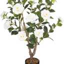 Artificial Camellia Tree for Indoor and Outdoor, Faux Flower Tree Plant in Pot Fake Topiaries for Home Front Porch Decor(1, White)