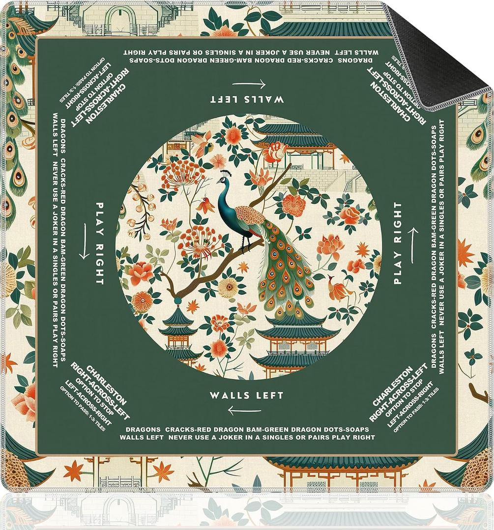Green Chinoiserie Peacock Mahjong Mat for Table 31.5x31.5, Orange Floral Green Peacock Chinese Non-Slip Noise Reduction Mah Jong Table Mat, Peacocks Decor, Peacocks Gift, Mahjong Gifts for Women