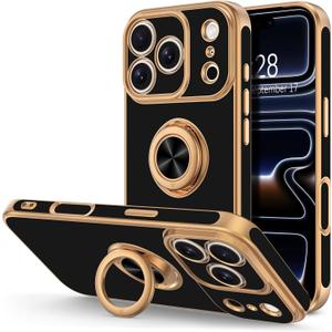Hython for iPhone 17 Pro Max Case with Ring Stand, 360 Rotatable Ring Holder Magnetic Kickstand, Plating Rose Gold Edge Soft Cover Protective Phone Case for iPhone 17 Pro Max 6.9", Black