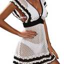 BreathSunny Womens Crochet Knit Slim Fit Swimsuit Coverup Tops and Shorts Set Summer 2026 Sexy V Neck Color Block Tie Front Swimwear Beach Swim Bathing Suit Cover Up 2 Pieces Sets White+Black M