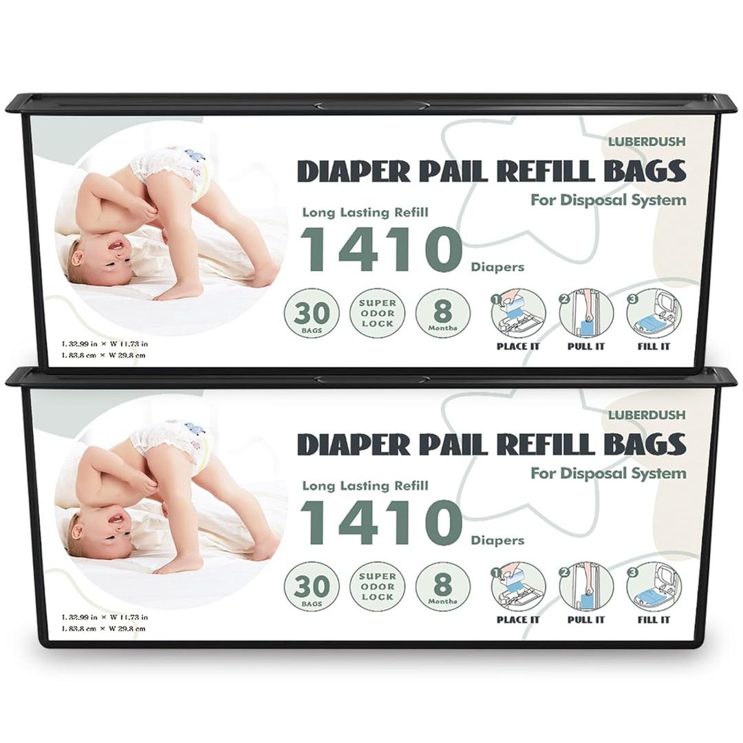 Diaper Pail Refill Bags - Compatible with Genie Easy Roll Signature & Platinum Pails | Each 30 Bags Holds Up to 1410 Newborn Diapers | 7-Layer OdorLock Technology | 2 Pack(60 Bags)