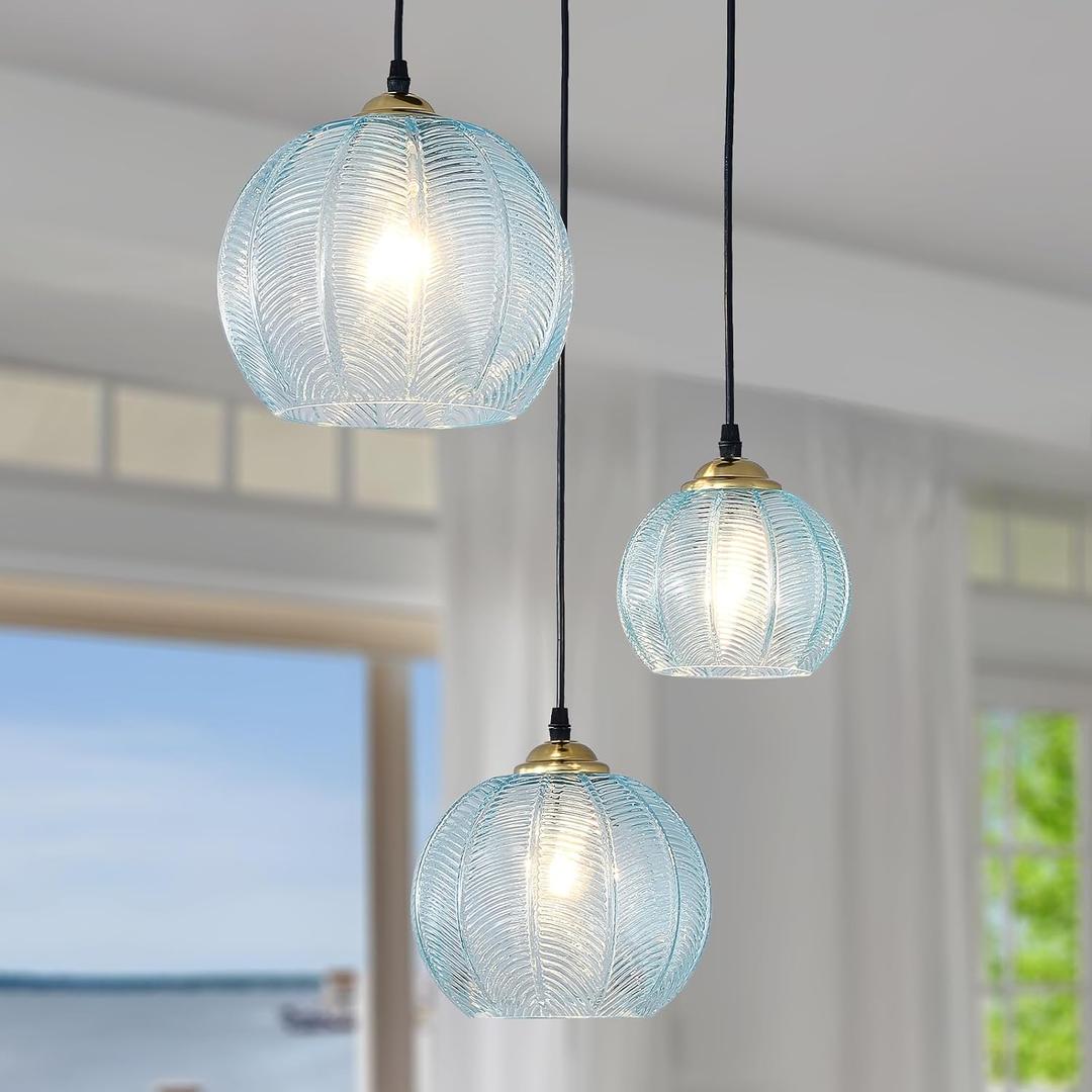 3-Light Blue Cluster Glass Pendant Light, Hanging Chandelier with Globe Shade, Glass Ball Pendant Light Fixtures for Kitchen Island, Dining Room, Living Room, Bedroom