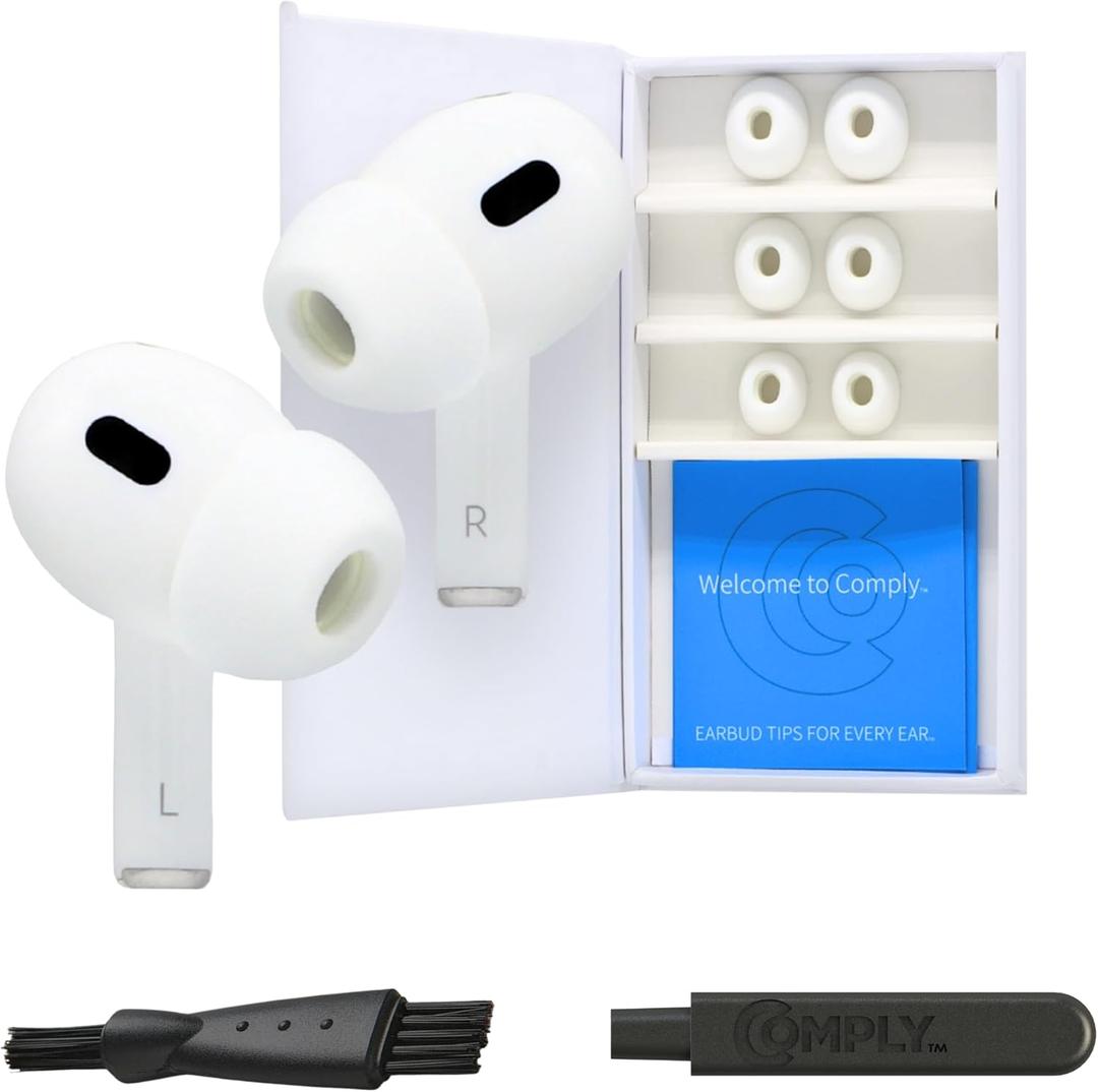 Comply Premium Foam Earplugs Compatible with Apple AirPods Pro Gen 1 & 2nd Size M, New 2025 Version with Disassembly and Cleaning Tool, White, 3 Pairs, Made in The USA