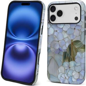 Compatible with iPhone 17 Pro Max Case - Dual-Layer Protection, Hard Shell with Silicone Interior,Slim Scratch Resistant Shockproof for Woman Men - Blue Hydrangea Stained Glass
