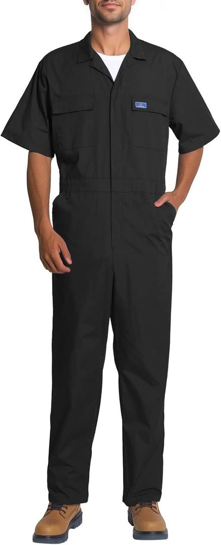 HISEA Coveralls for Men Short Sleeve, Mens Lightweight Mechanic Work Jumpsuit with Pockets, Stain & Wrinkle Resistant (Medium, Black)