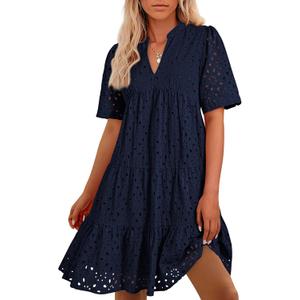 BTFBM Womens Boho Summer Dresses 2026 Spring V Neck Short Sleeve Hollow Out Lace Ruffle Casual Beach Mini Vacation Dress (Medium)
