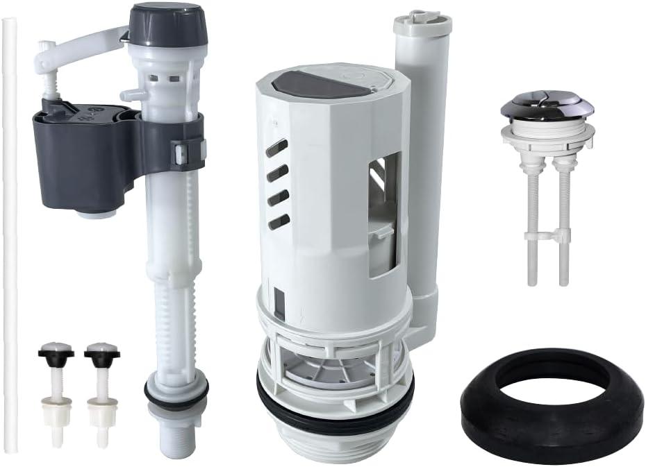 3-Inch Dual Flush Valve Replacement Kit for 2-Piece Toilets, Include Toilet Flush Valve with Push Button, Toilet Fill Valve, Bowl Gasket and Plastic Bolts. (3-Inch Diameter Drain Hole)