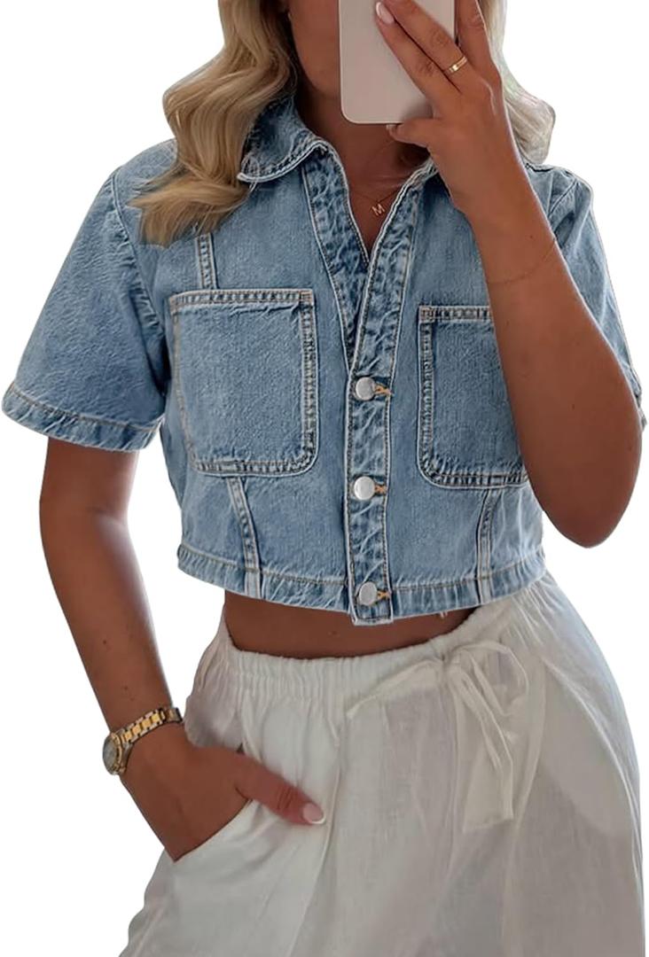 POTILI Women's Denim Top, Short Sleeve Cropped Denim Jacket Button Down Casual Jean Jacket Shirt with Pocket (Blue, XL)