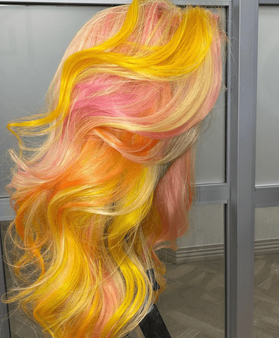 Yellow Pink Ginger Orange Multi Color 13x4 Lace Front Human Hair Wigs
 24 Inch