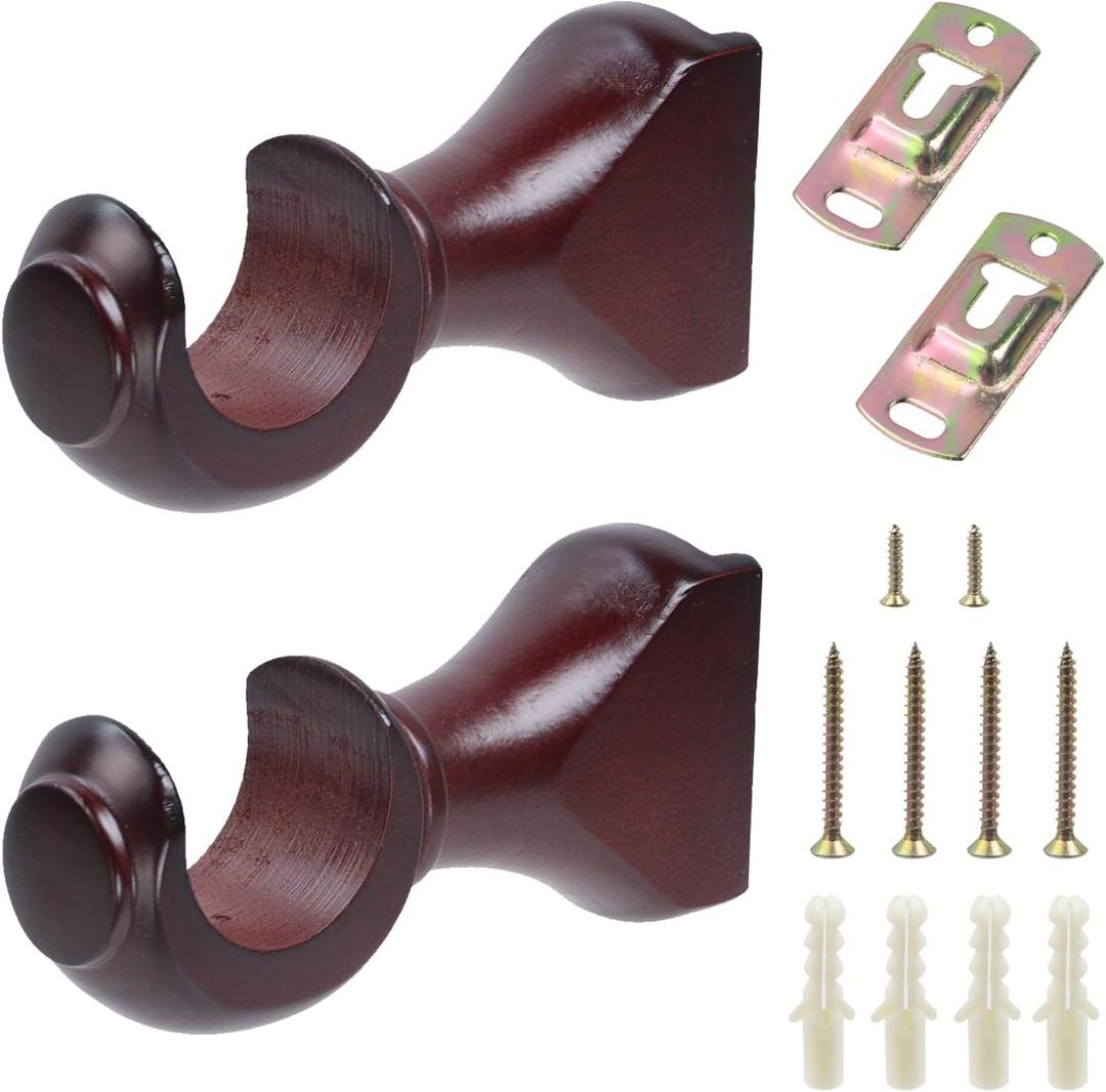 Antrader Wood Curtain Rod Brackets,White Support Bracket,Window Curtain Hooks for Curtain Rod1-3/8in(35mm) Diameter,Pack of 2 (Reddish Brown)