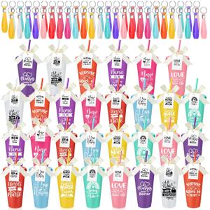 SiliFine 30 Sets CNA Week Appreciation Gifts Bulk 2026 24 oz Nurses Plastic Tumbler with Lid and Straw Nursing Cups Keychain Card for Graduation Nurse Student Assistant Medical Staff Women(Cute), Medium