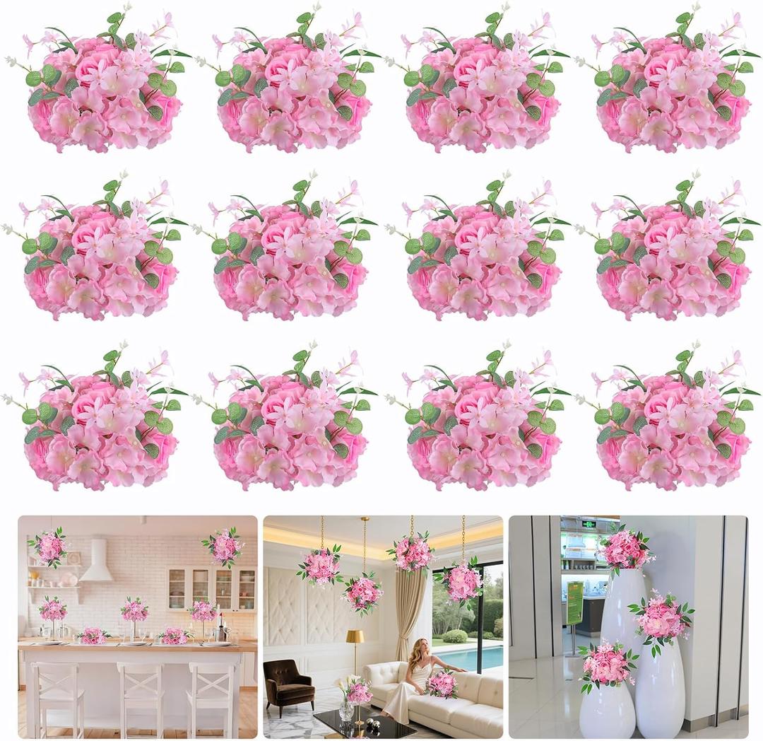 Wedding Centerpieces for Tables 12pcs Rose Ball Artificial Flower Arrangements 11" Silk Floral Half Balls for Party Home Valentine's Day Decoration-Pink