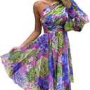 ChicMe Womens Holiday Maxi Dress Lantern Sleeve One Shoulder High Slit Floral Maxi Dress, Small