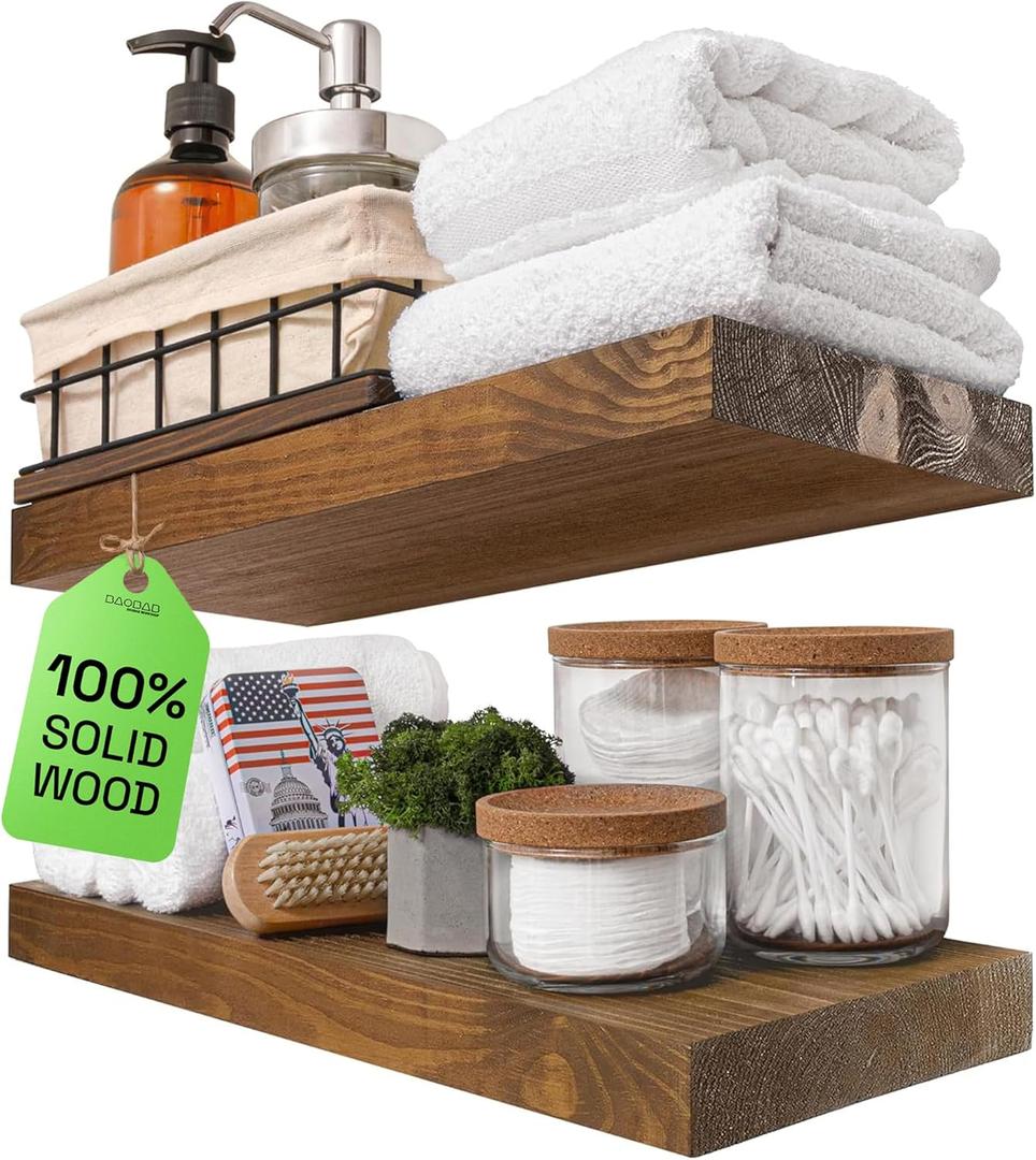 BAOBAB WORKSHOP Wood Floating Shelves for Wall - Wooden Shelf 16 Inch - Rustic Bathroom Shelves for Room Wall for Kitchen Bedroom Living Room Farmhouse - Walnut Floating Shelf - 16 x 6.7Inch, Set of 2