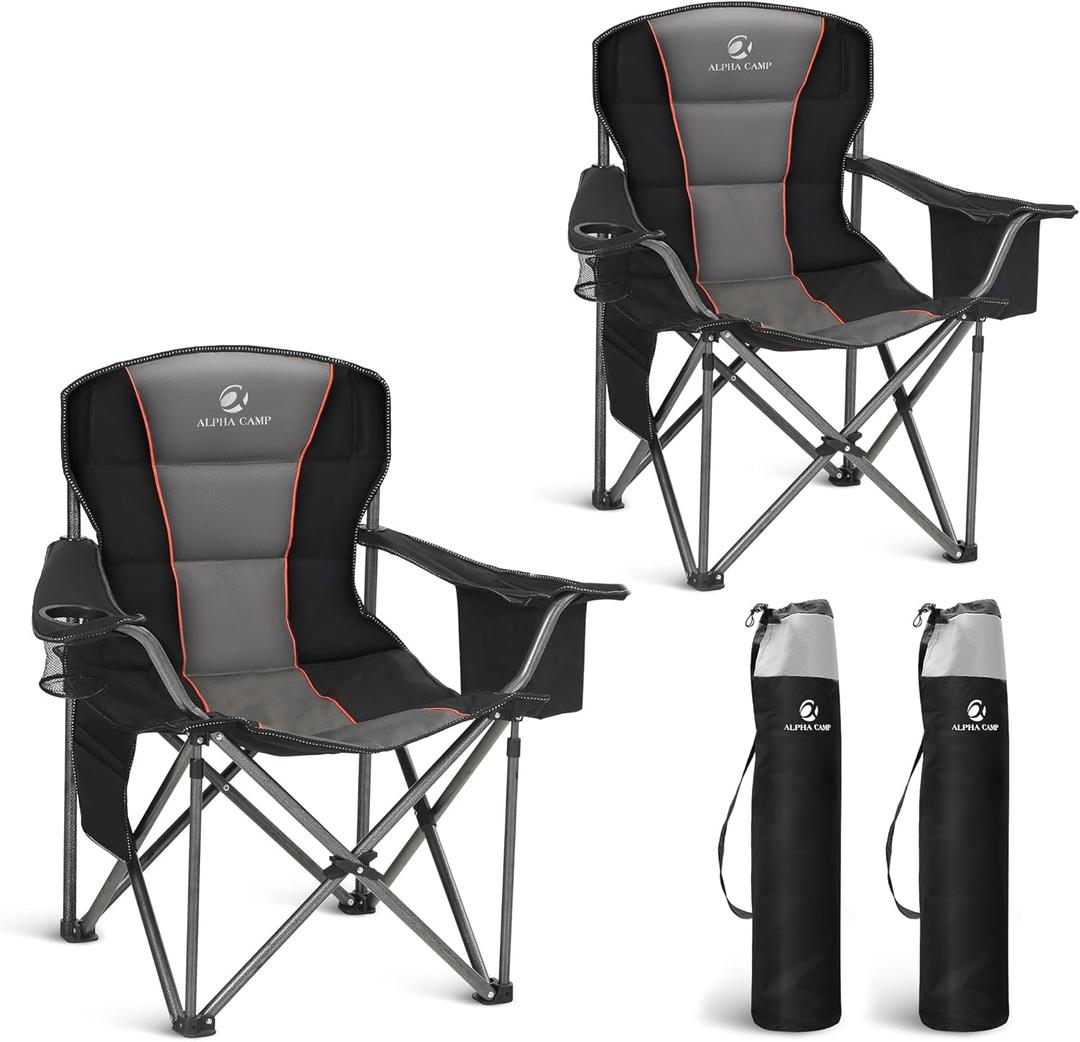 LET'S CAMP Folding Camping Chair Oversized Heavy Duty Padded Outdoor Chair with Cup Holder Storage and Cooler Bag, 450 LBS Weight Capacity, Thicken 600D Oxford,2 Pack (Black)