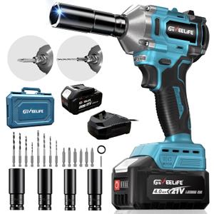 450N.m/332Ft-lbs Brushless Impact Wrench,1/2" Cordless Impact Gun with 4.0Ah Battery & 6 Sockets, Electric Impact Driver for Car/DIY Furniture/Lawn Mower/blue (450N)