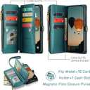 Defencase Compatible with Galaxy A15 5G Case Wallet with RFID Blocking Card Holder for Women Men, PU Leather Magnetic Snap Flip Zipper Strap Wallet Phone Case Fit for Samsung Galaxy A15 5G, Blue Green
