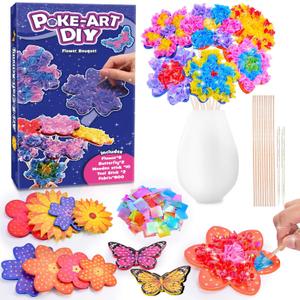 MDINGTD Toys for 4 5 6 7 8+ Year Old Girls, Poke Art Flower Bouquet with 8 Flowers & 2 Butterflies Arts and Crafts for Girls Ages 4-8 DIY Creative Activity Birthday Valentine Gifts Craft Kits