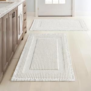 MIULEE Set of 2 Waffle Bathroom Rugs, Boho Bath Rug Super Absorbent, Non Slip Washable Ultra Soft Rubber Backed Shower Bath Mats for Floor, Tub, Shower, Looped Design, White, 17"x24"+18"x30"
