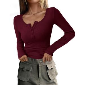 PRETTYGARDEN Women's 2025 Fall Long Sleeve Henley T Shirts Button Ribbed Knit Slim Fit Basic Tops Blouse Casual Outfits (X-Small, Burgundy)