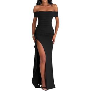 LAGSHIAN Women's Elegant Bodycon Off Shoulder Sleeveless High Split Ruched Long Formal Evening Dress, Medium, Black