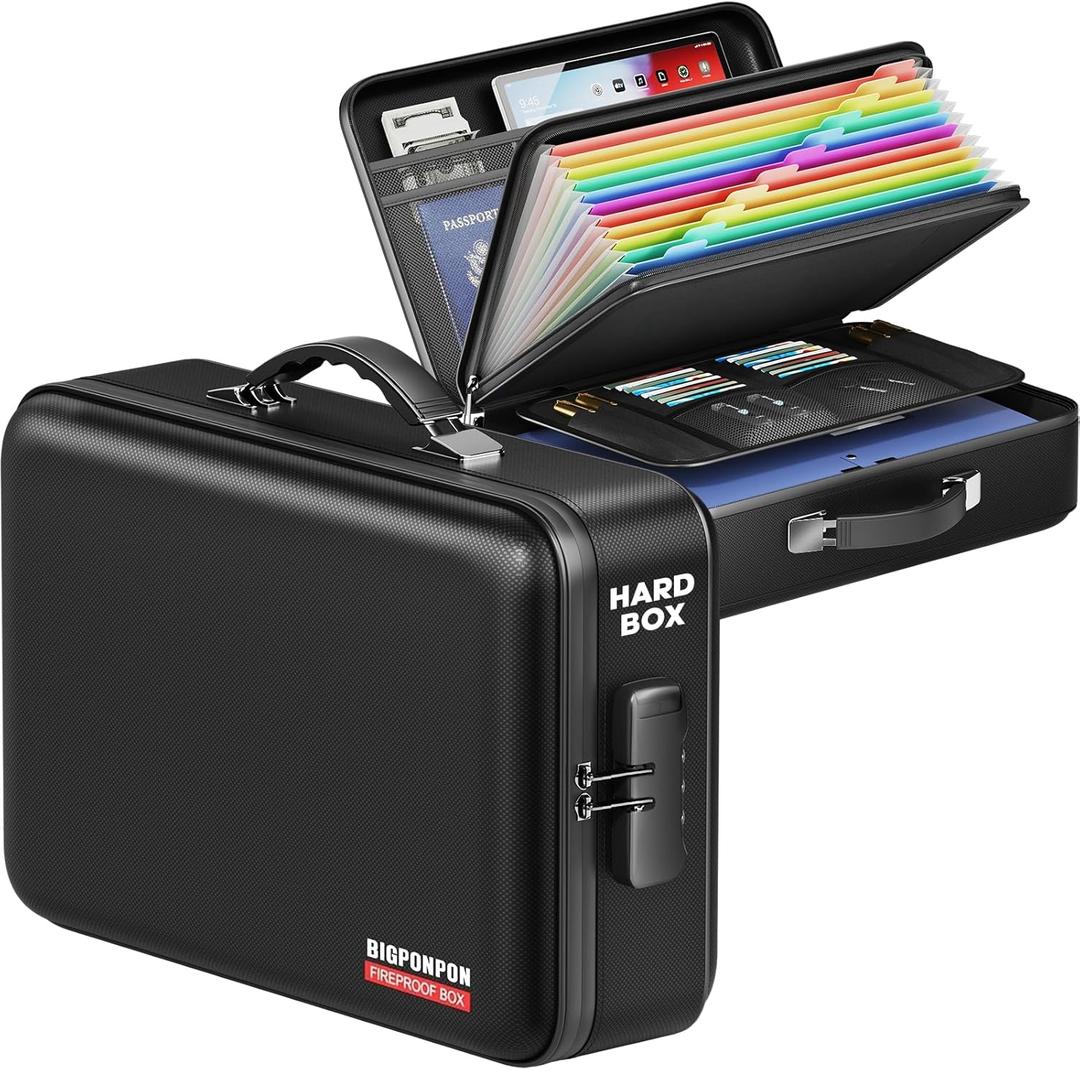 Fireproof Document Box, Hard Case Highly Flame-Resistant Fire Proof Waterproof File Organizer with Lock, Portable Fire Safe for Important Documents & Valuables Storage (Black, 16"*12"*5")