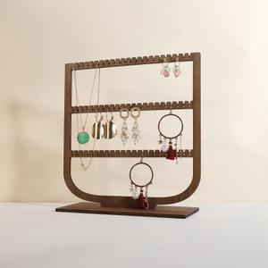 WOODEN HANGING JEWELRY ORGANIZER, WALNUT JEWELRY DISPLAY HOLDER FOR SELLING, DANGLE NECKLACE STORAGE SHELF, 3 TIER EARRING DISPLAY STANDS FOR SELLING JEWELRY SHELF - 3 TIER