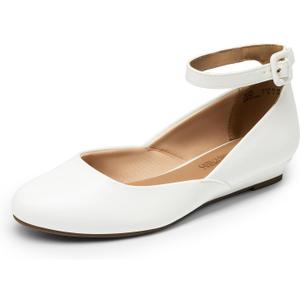 DREAM PAIRS Women's Dress Flats Ballet Low Wedge Round Toe Ankle Strap Comfortable Casual Flats Shoes (8, White Pu)