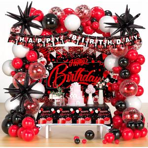 Red Black and White Balloon Garland Arch Kit, 120pcs Red and Black Birthday Decorations for Men Women Boys Girls with Happy Birthday Backdrop Banner Tablecloth Red Confetti Star Ballons