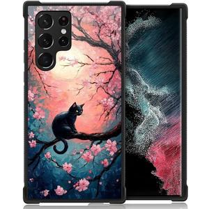 CARLOCA Compatible with Samsung Galaxy S23 Ultra Case for Girls Boys Hard Shell Shockproof Protection Non Slip for Samsung Galaxy S23 Ultra Fashion Pattern Black Cat Cherry Blossom Branch Flowers