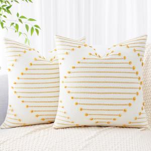 Mecatny Boho Outdoor Throw Pillow Covers 18X18 Set of 2, Farmhouse Decorative Pillow Covers for Couch Sofa Living Room, Yellow & White