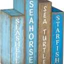Lineshading 4 Pcs Summer Table Decoration Wooden Book Coastal Beach Decoration Blue and White Summer Tiered Tray Decor Wood Book Sign Farmhouse for Ocean Party Home Shelf Coffee Table