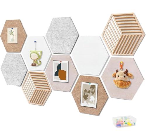 12'' Large Hexagon Cork Board Tiles – 10 Pack Adhesive Frameless Bulletin Board for Office & Home Wall Decor, Vision Board with 35 Push Pins, Decorative Pin Board for Photos & DIY