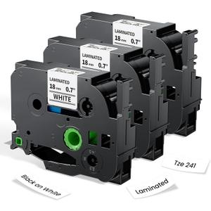 Label KINGDOM 18mm 0.7 Inch Laminated White Tape Replace for Brother Label Maker Tape TZe-241 Compatible with P Touch TZ TZe 3/4" Black on White TZE241 for PTD410 PT-D400 PT-D610BT PTD600, 3-Pack