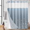 No Hook Silver Dots Blue Shower Curtain with Snap in Fabric Liner Set, Waterproof with See Through Mesh Top Window, Cool Line Glitter Bath Curtain 71x74 Inch