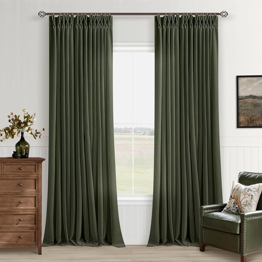 Dark Olive Linen Curtains 90 Inches Long for Living Room Pinch Pleat Drapes with Hooks Rings Back Tab Farmhouse Pinch Pleated Rifle Green Forest Curtain 90 Inch Length for Bedroom Dining (40"W x 90"L (Pack of 2))