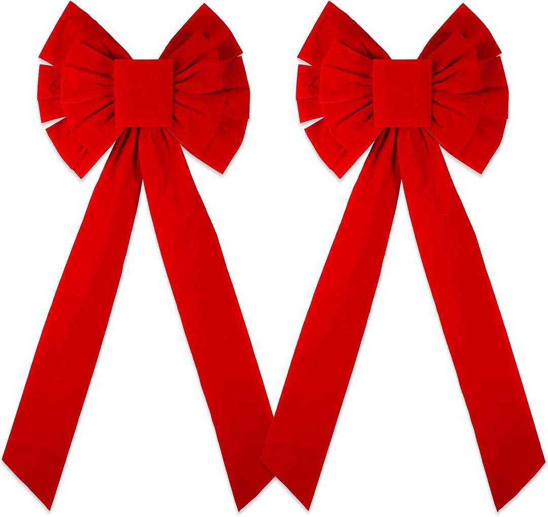 2Pcs Large Christmas Velvet Bows 35x 18 Inch Xmas Tree Decorative Large Velvet Bow Christmas Wreath Bow Holiday Ornaments for Home Indoor Outdoor Front Door Fence Stairs Railing Decorations (Red)